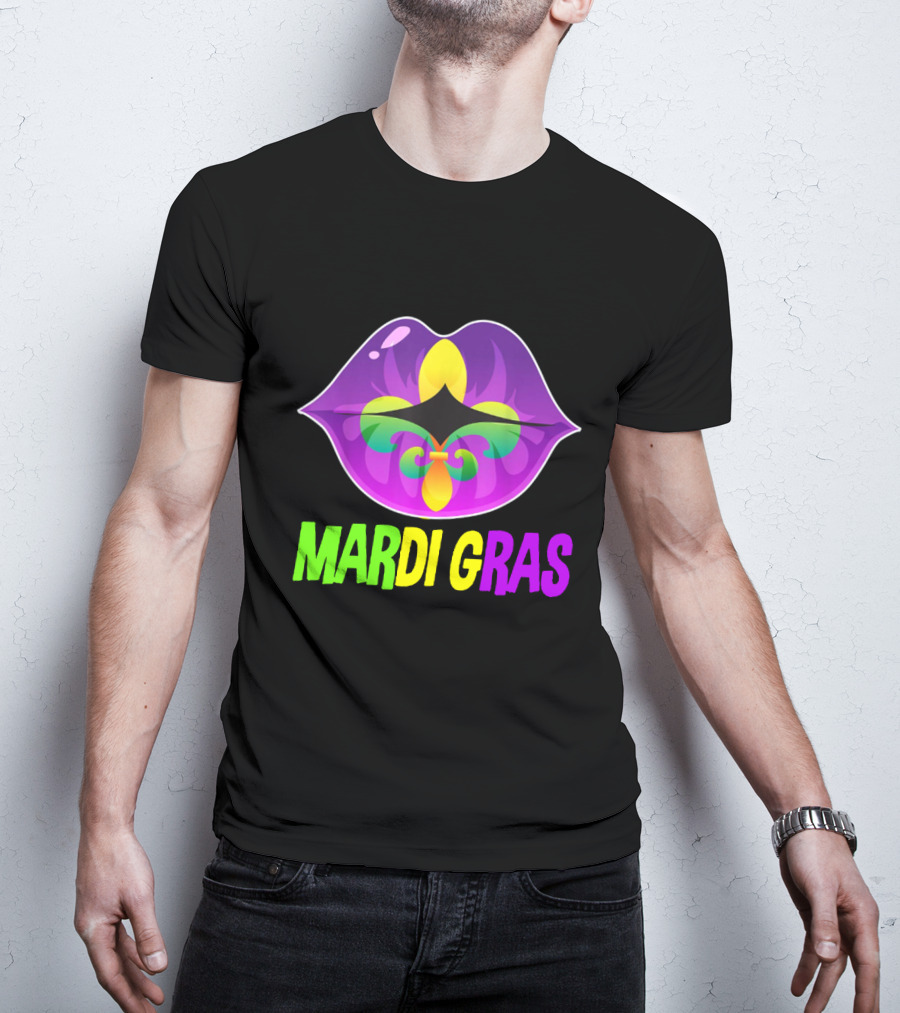 Mardi Gras Lip Fleur De Lis Purple Green Yellow T-Shirt