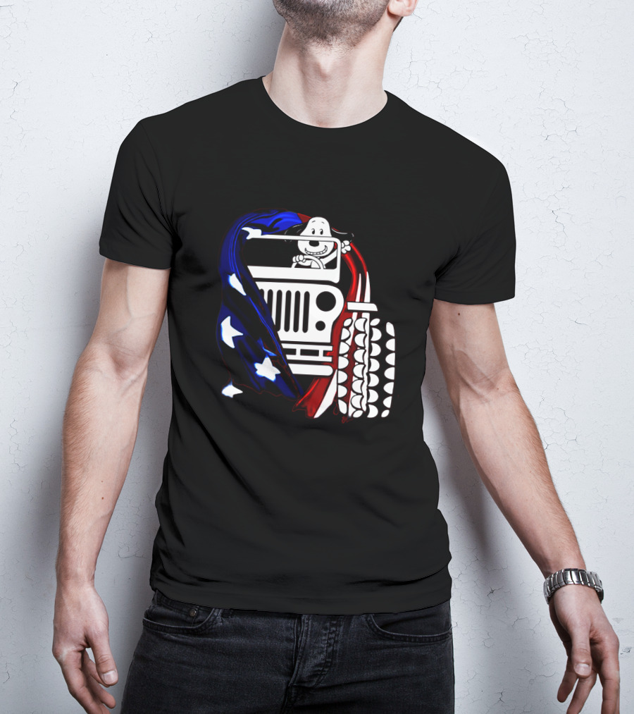 Snoopy Jeep Stars Stripes American Flag Background T-Shirt
