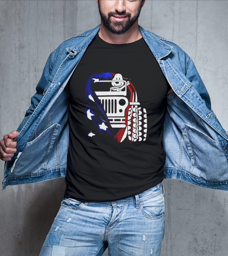Snoopy Jeep Stars Stripes American Flag Background T-Shirt