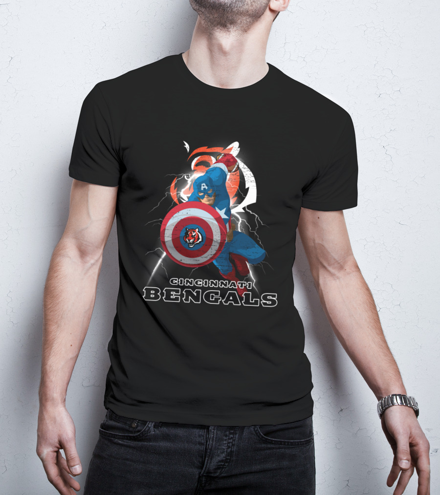 Captain America Cincinnati Bengals Nfl Lightning Shield T-Shirt