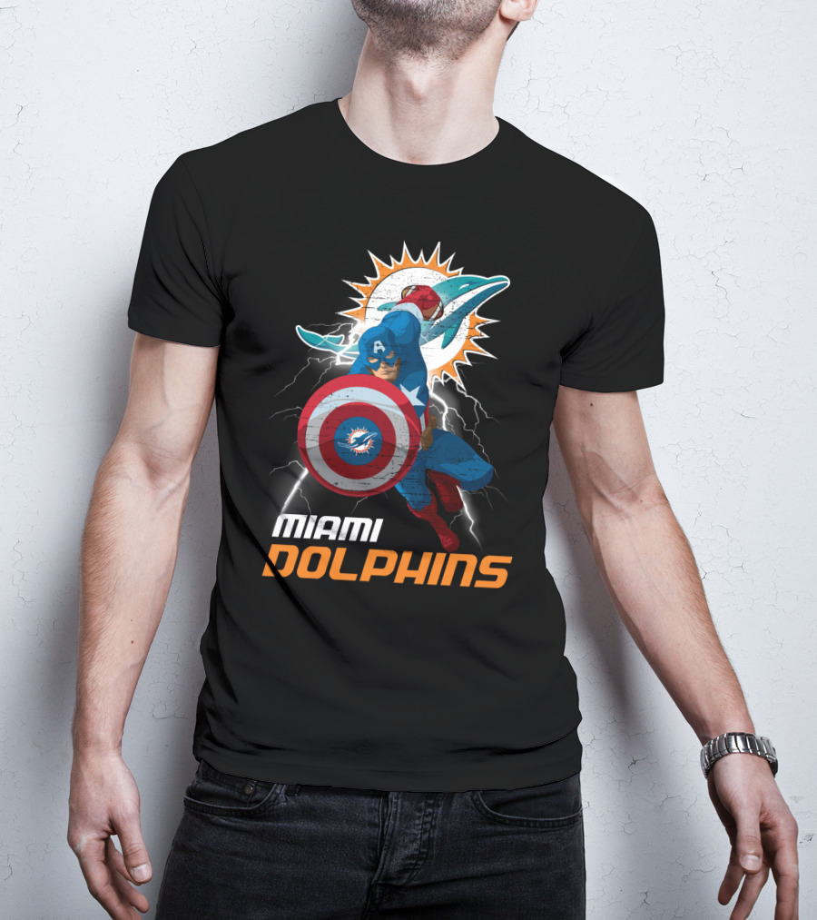 Captain America Miami Dolphins Nfl Lightning Action T-Shirt