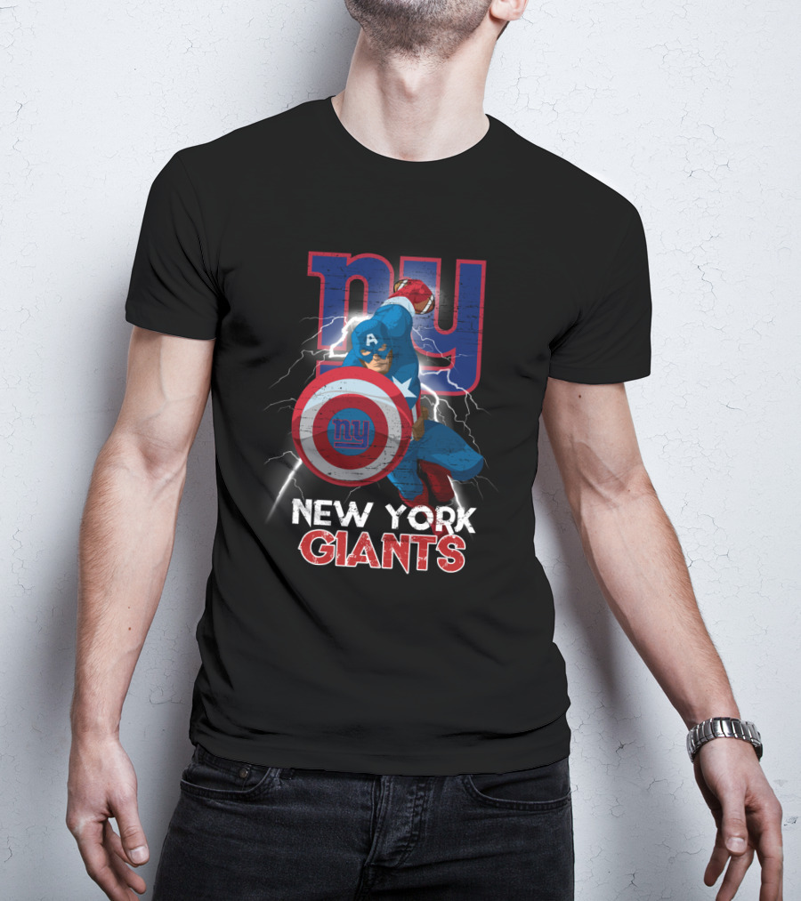 Captain America New York Giants Nfl Superhero Shield Lightning Action T-Shirt