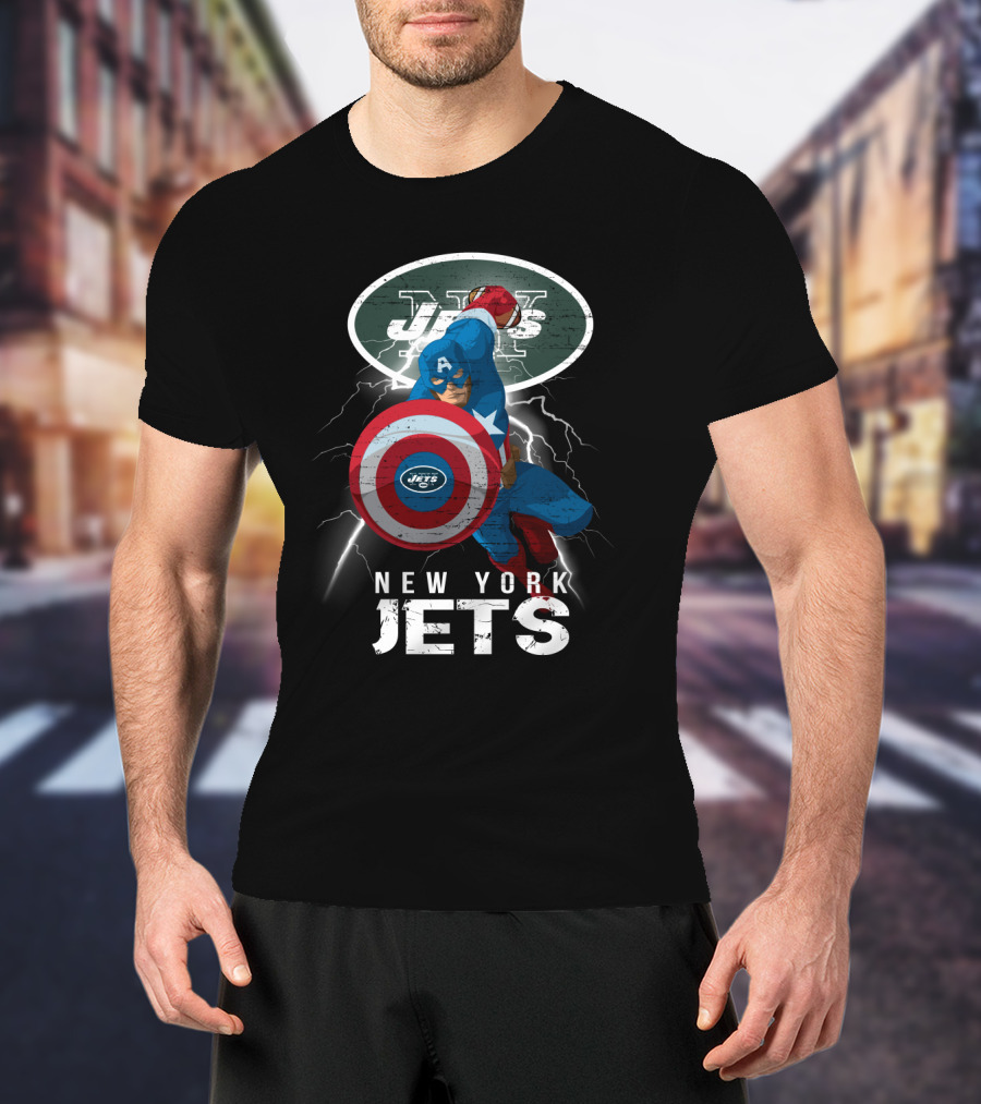 Captain America New York Jets Nfl Lightning Shield T-Shirt