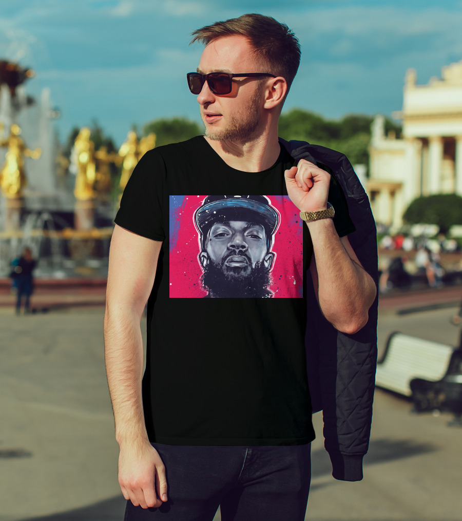 Nipsey Hussle Bold Street Style Portrait With Cap And Vibrant Red Blue T-Shirt