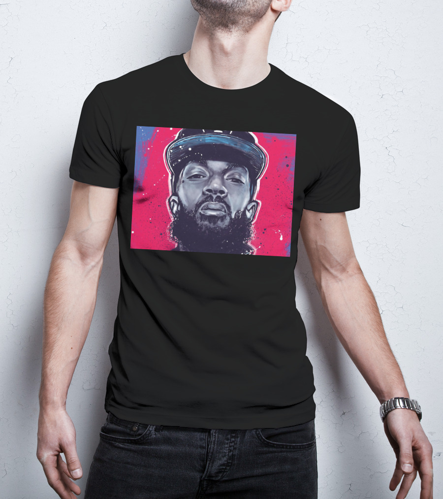 Nipsey Hussle Bold Street Style Portrait With Cap And Vibrant Red Blue T-Shirt