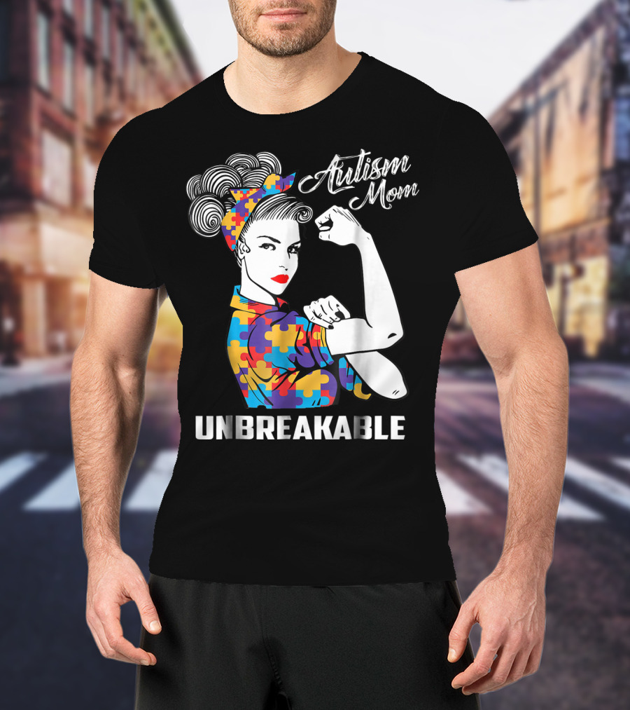 Unbreakable Autism Mom With Puzzle Pattern Retro Rosie The Riveter T-Shirt
