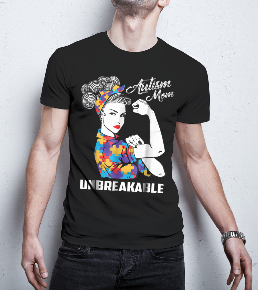 Unbreakable Autism Mom With Puzzle Pattern Retro Rosie The Riveter T-Shirt