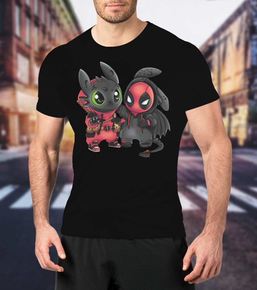 Baby Toothless And Deadpool Mashup Crossover Featuring Cute Duo With Iconic Red And Black Costume Elements T-Shirt