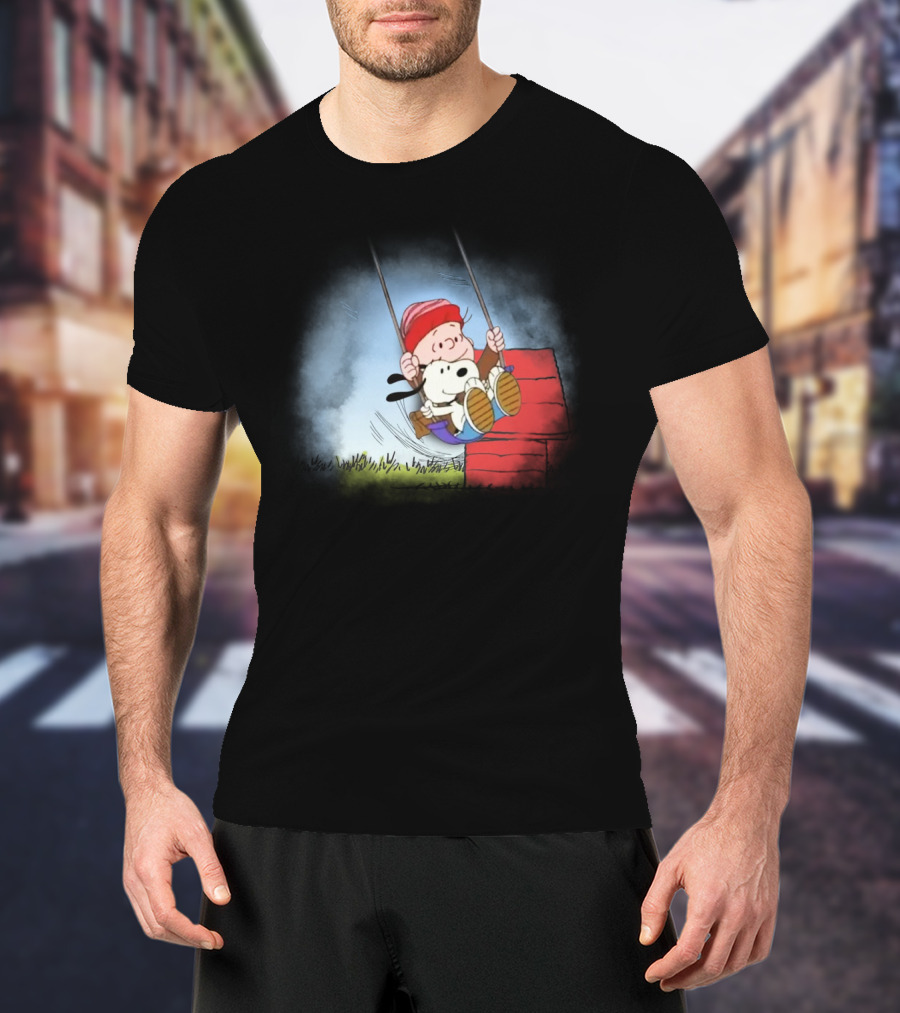 Charlie Brown And Snoopy Swinging On Doghouse T-Shirt