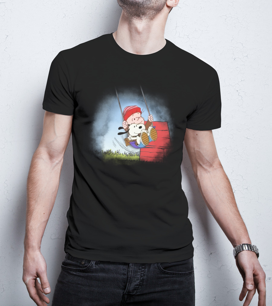 Charlie Brown And Snoopy Swinging On Doghouse T-Shirt