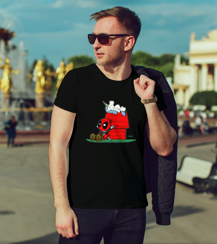 Deadpool And Snoopy Unicorn Crossover On Doghouse With Red And Black Accents T-Shirt