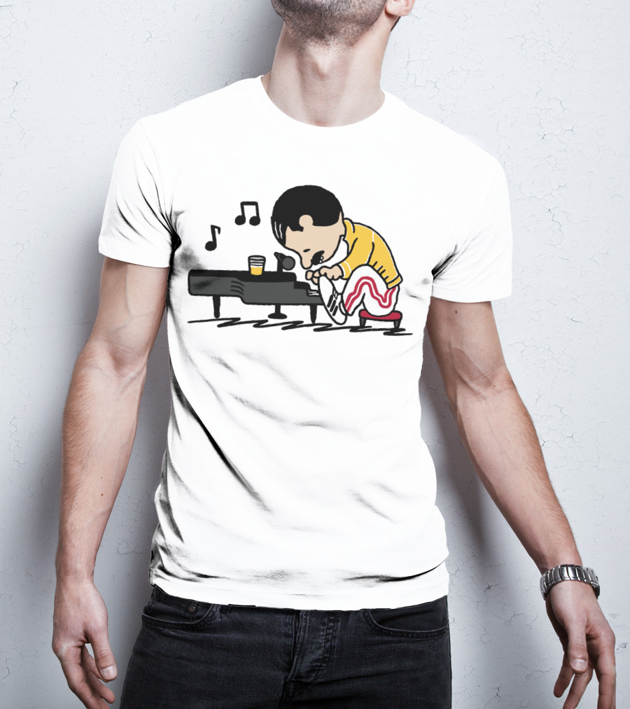 Freddie Mercury Peanuts Piano With Yellow Jacket And Red Stripe Pants T-Shirt