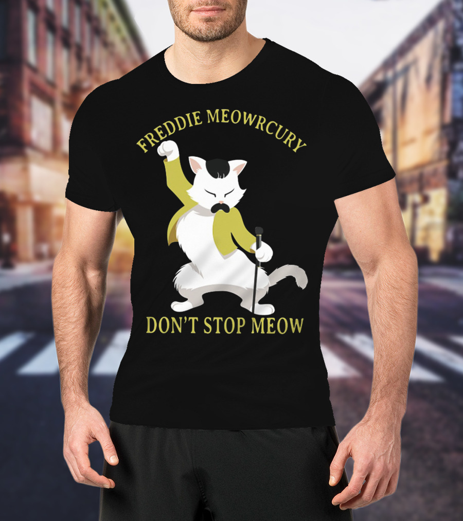 Freddie Meowrcury Don’t Stop Meow Funny Cat Parody With Iconic Pose And Yellow Jacket T-Shirt