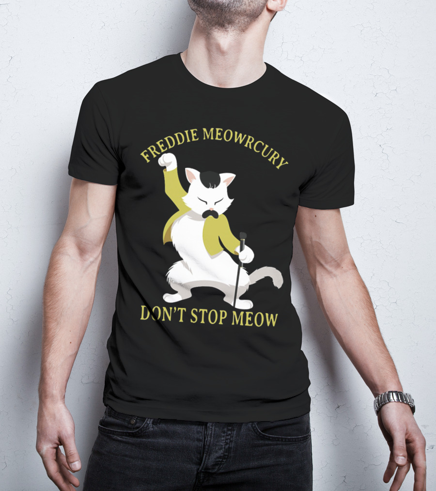 Freddie Meowrcury Don’t Stop Meow Funny Cat Parody With Iconic Pose And Yellow Jacket T-Shirt
