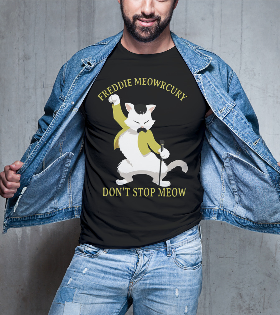 Freddie Meowrcury Don’t Stop Meow Funny Cat Parody With Iconic Pose And Yellow Jacket T-Shirt