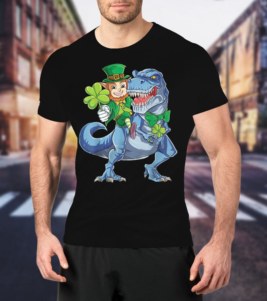 Leprechaun With Shamrock And Bowtie Riding T-Rex Dinosaur T-Shirt