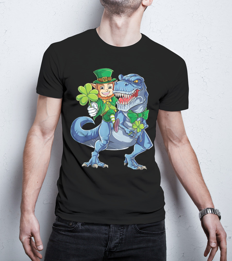 Leprechaun With Shamrock And Bowtie Riding T-Rex Dinosaur T-Shirt