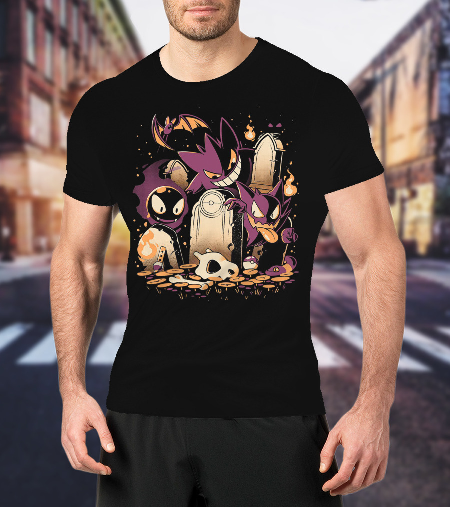 Pokemon Gastly Haunter Gengar Spooky Graveyard Scene With Fire And Skull T-Shirt