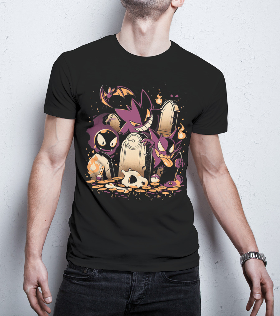 Pokemon Gastly Haunter Gengar Spooky Graveyard Scene With Fire And Skull T-Shirt