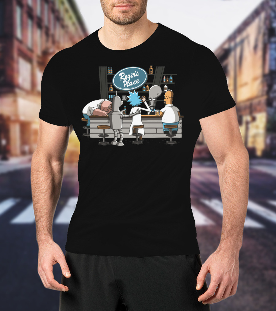 Rick And Morty Meets Roger American Dad Bar Scene Featuring Iconic Characters At Roger's Place T-Shirt