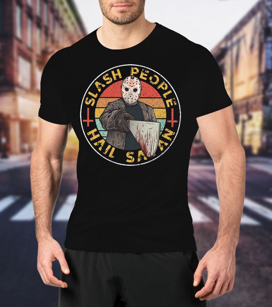 Slash People Hail Satan Jason Voorhees Horror Vintage Retro Mask Bloody Cleaver T-Shirt