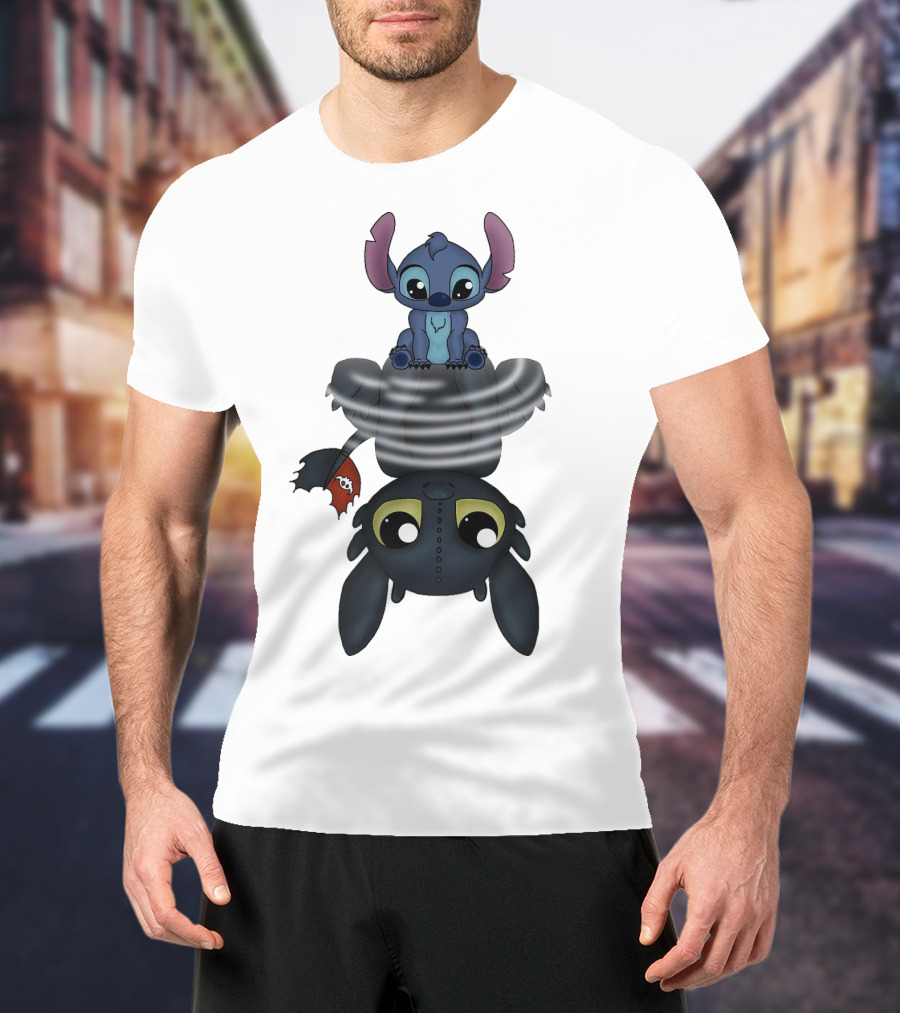 Stitch Sitting On Toothless Animation Crossover T-Shirt