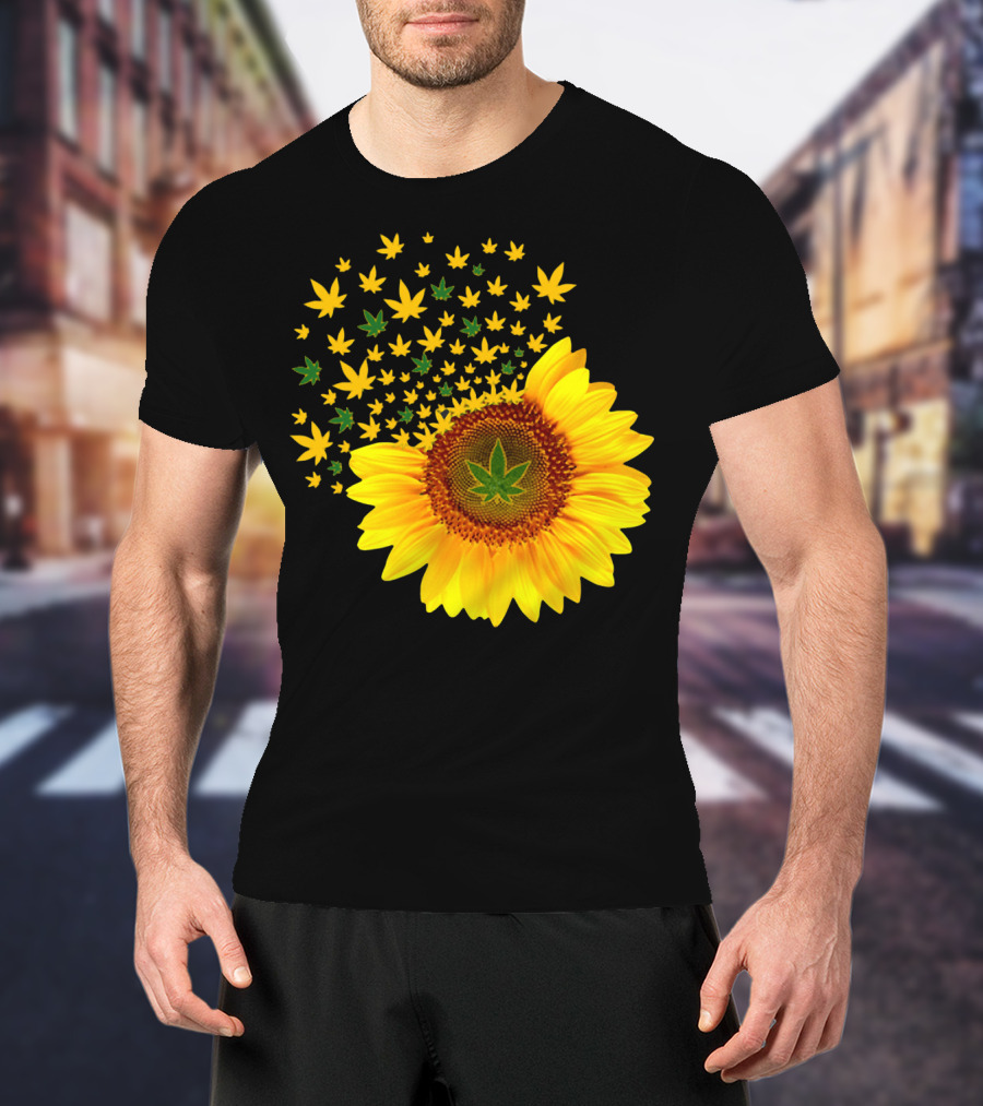 Sunflower With Dispersing Yellow And Green Weed Leaves T-Shirt