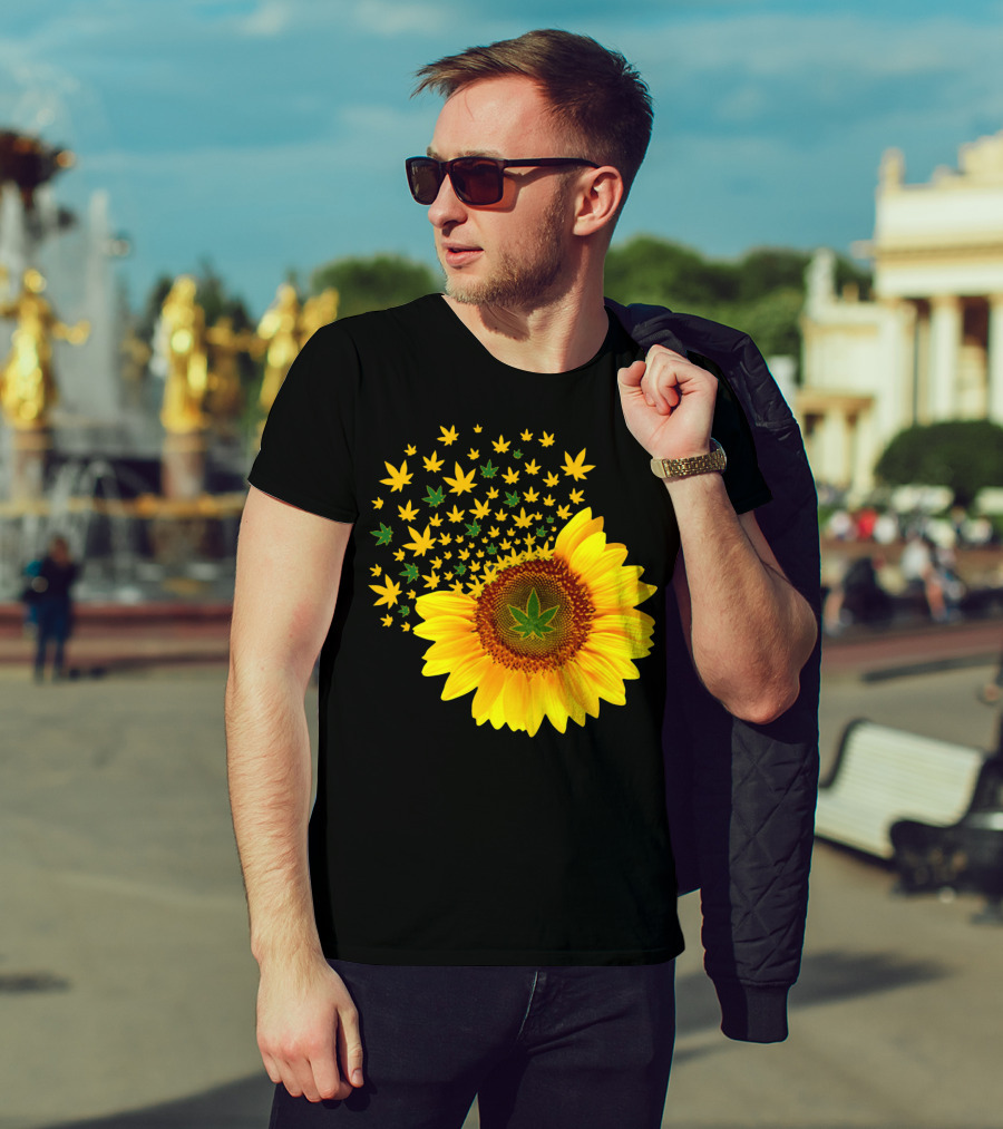 Sunflower With Dispersing Yellow And Green Weed Leaves T-Shirt