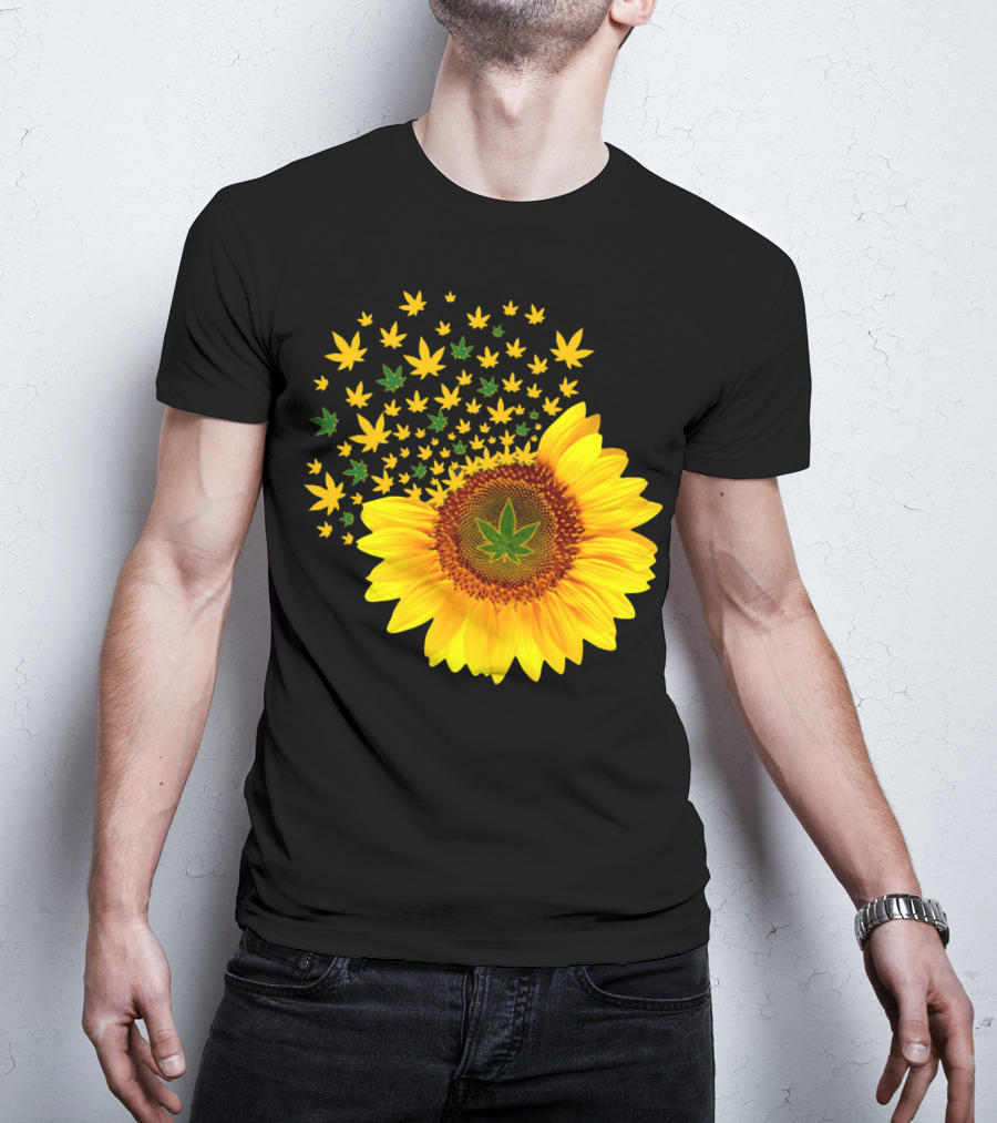 Sunflower With Dispersing Yellow And Green Weed Leaves T-Shirt