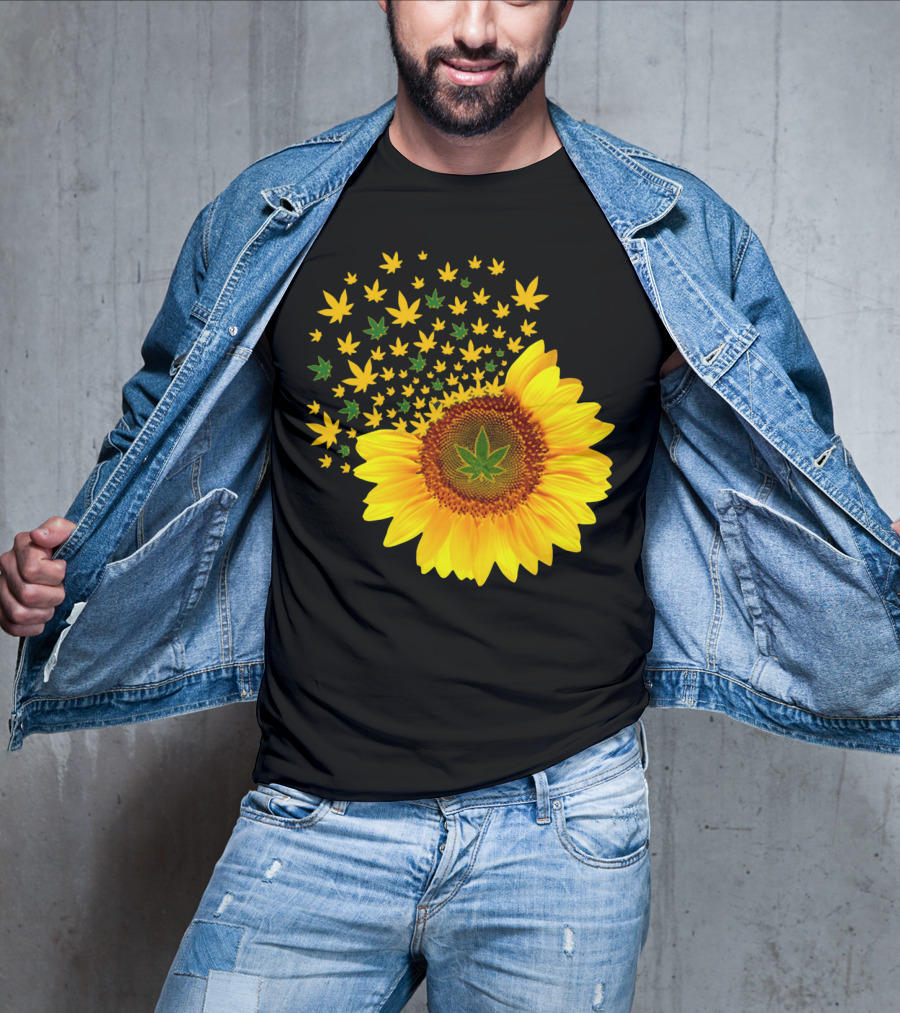 Sunflower With Dispersing Yellow And Green Weed Leaves T-Shirt