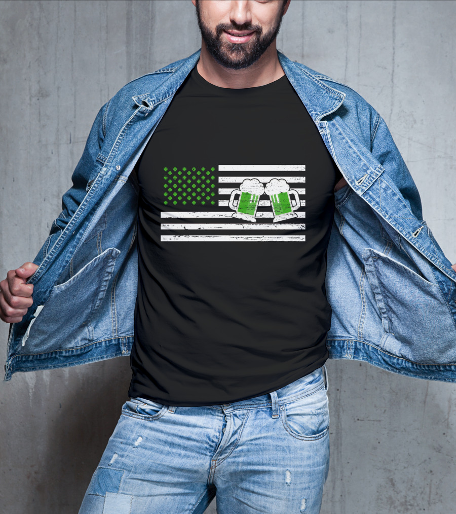 Happy Patrick's Day American Flag With Green Shamrocks And Beer Mugs T-Shirt