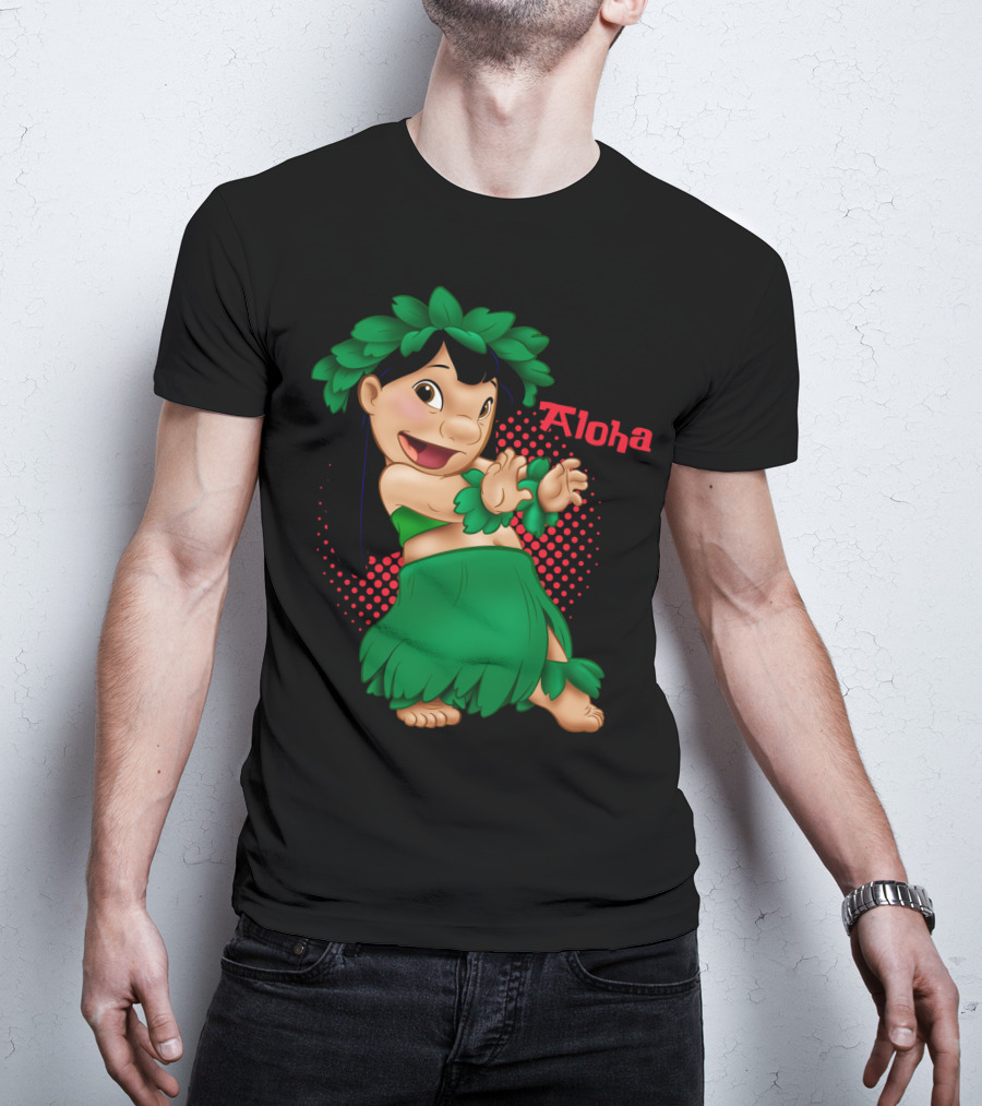 Lilo And Stitch Aloha Lilo Green Hula Dance With Red Polka Dot Background T-Shirt