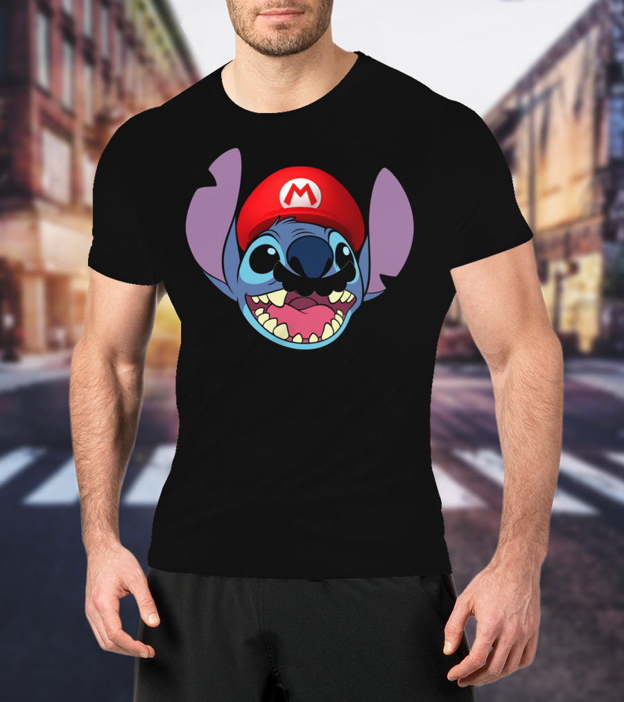 Stitch Wearing Mario Hat And Mustache Cartoon Crossover T-Shirt