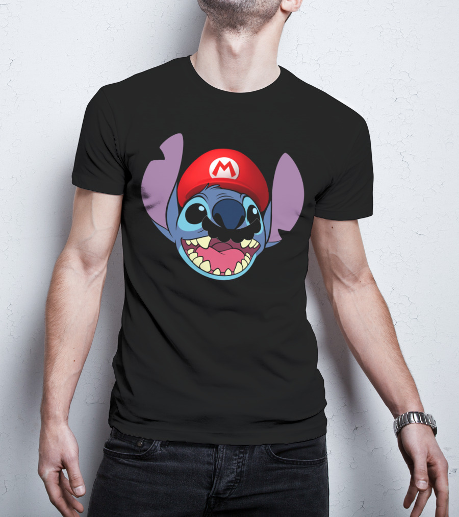 Stitch Wearing Mario Hat And Mustache Cartoon Crossover T-Shirt