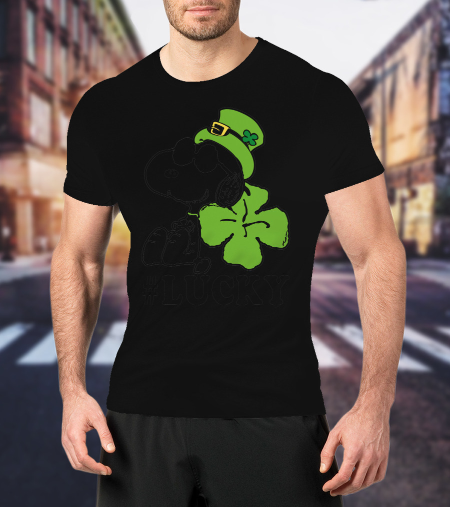 #Lucky Snoopy St. Patrick's Day Clover Hat Peanuts T-Shirt