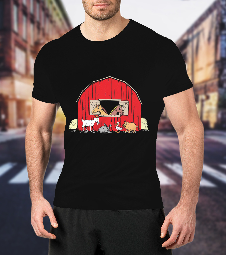 Barnyard Animals Red Barn Horses Pig Goat Duck Scene T-Shirt