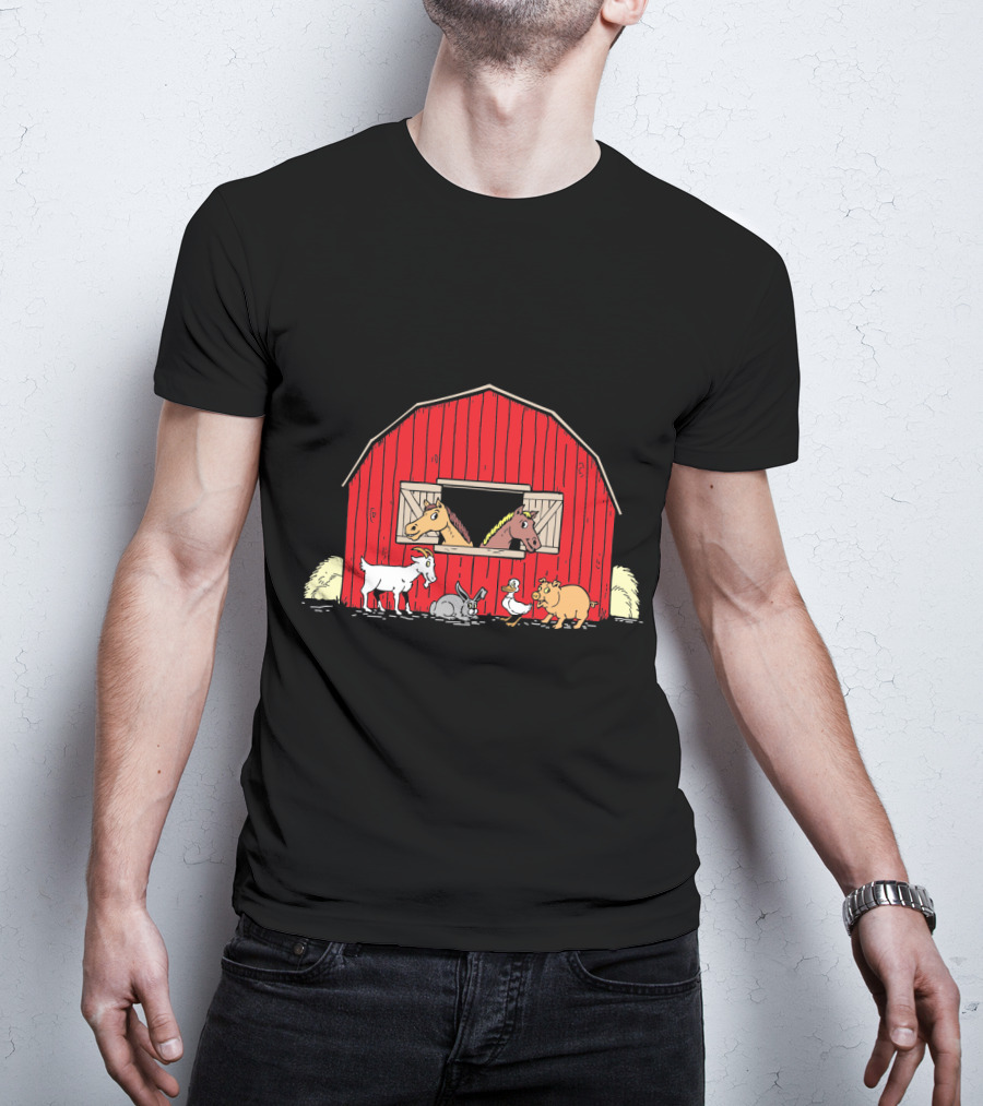 Barnyard Animals Red Barn Horses Pig Goat Duck Scene T-Shirt