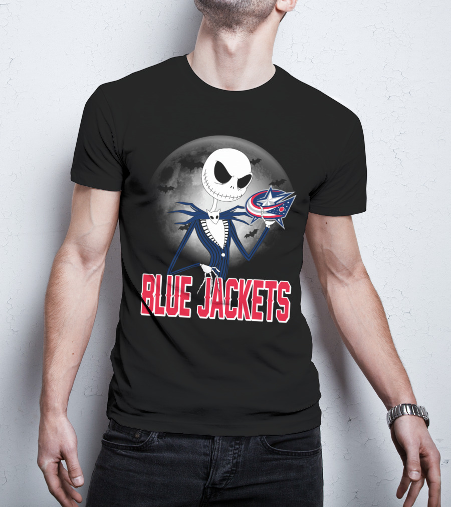 Jack Skellington Columbus Blue Jackets Halloween Fan Logo Moon Background T-Shirt