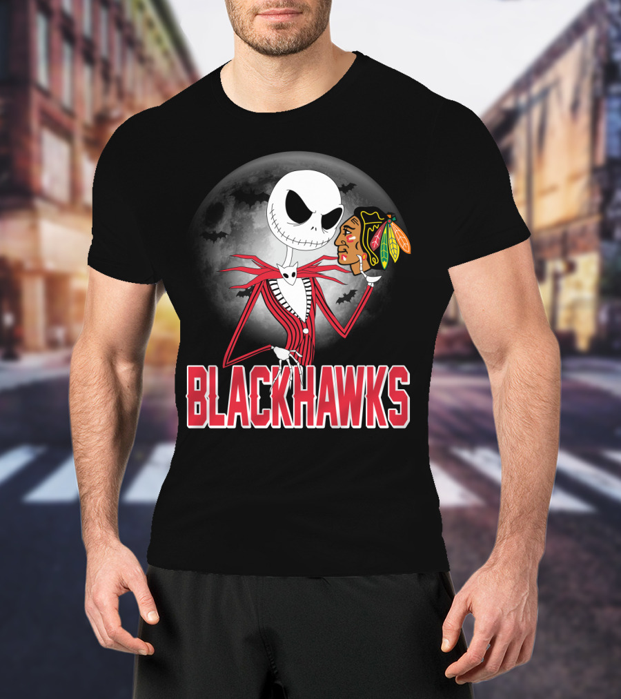 Jack Skellington Halloween Full Moon Chicago Blackhawks Collaboration T-Shirt