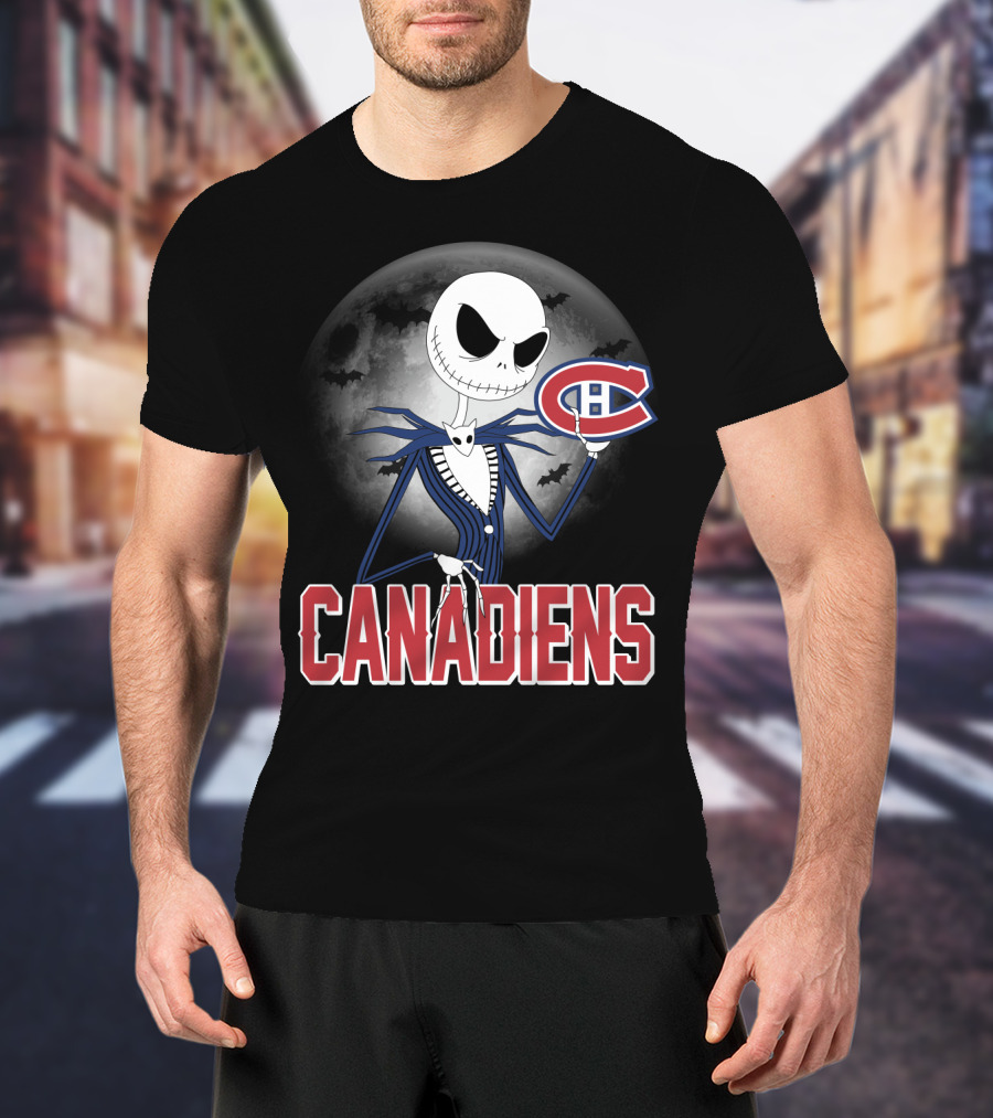 Jack Skellington Halloween Canadiens Logo Moon Background T-Shirt