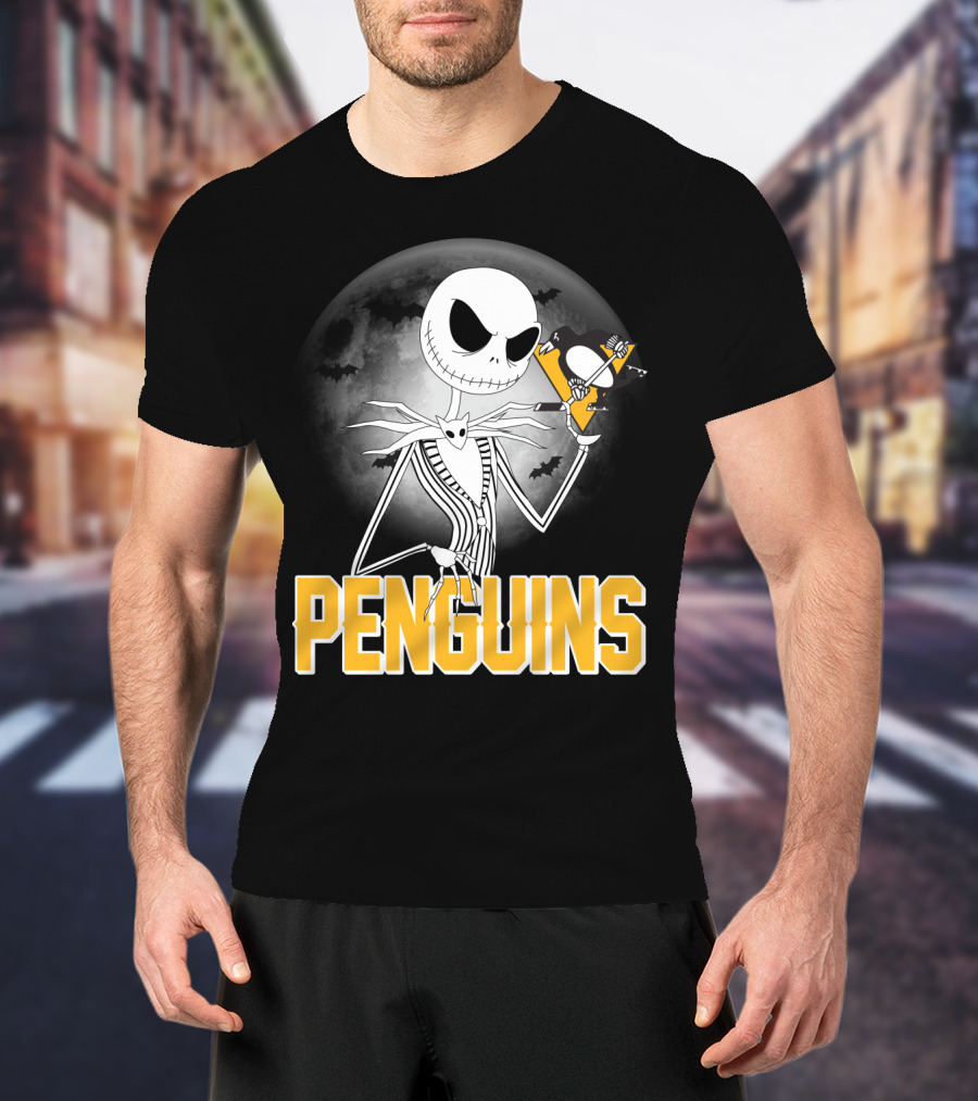 Jack Skellington Halloween Full Moon Penguins Hockey T-Shirt