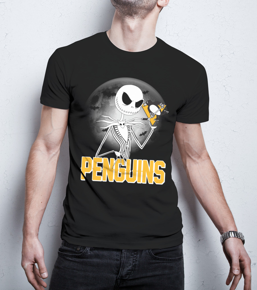 Jack Skellington Halloween Full Moon Penguins Hockey T-Shirt