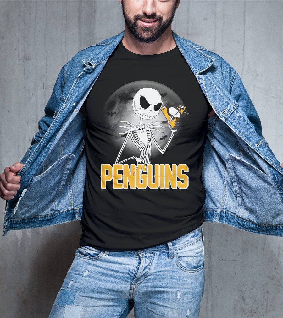 Jack Skellington Halloween Full Moon Penguins Hockey T-Shirt
