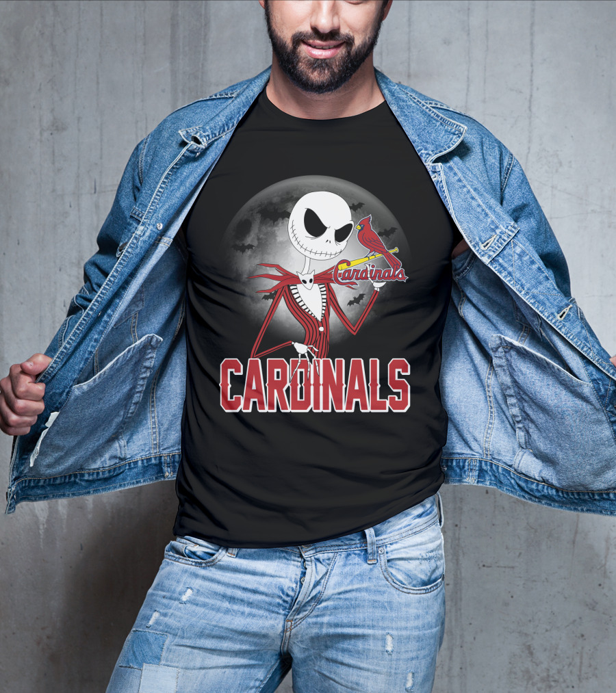 Cardinals Jack Skeleton Halloween St. Louis Cardinals Logo Moon Background T-Shirt