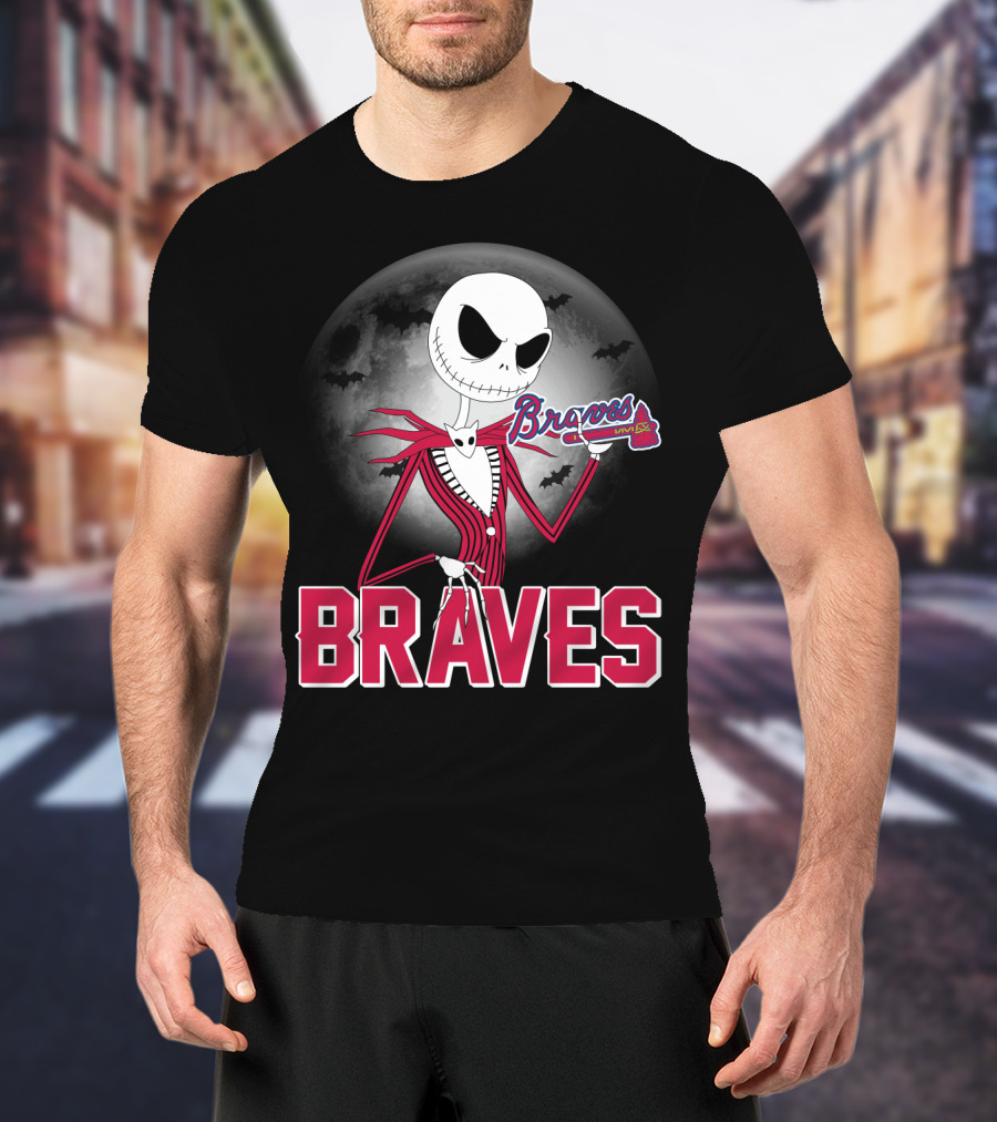 Jack Skellington Braves Halloween With Atlanta Baseball Moon And Bats T-Shirt