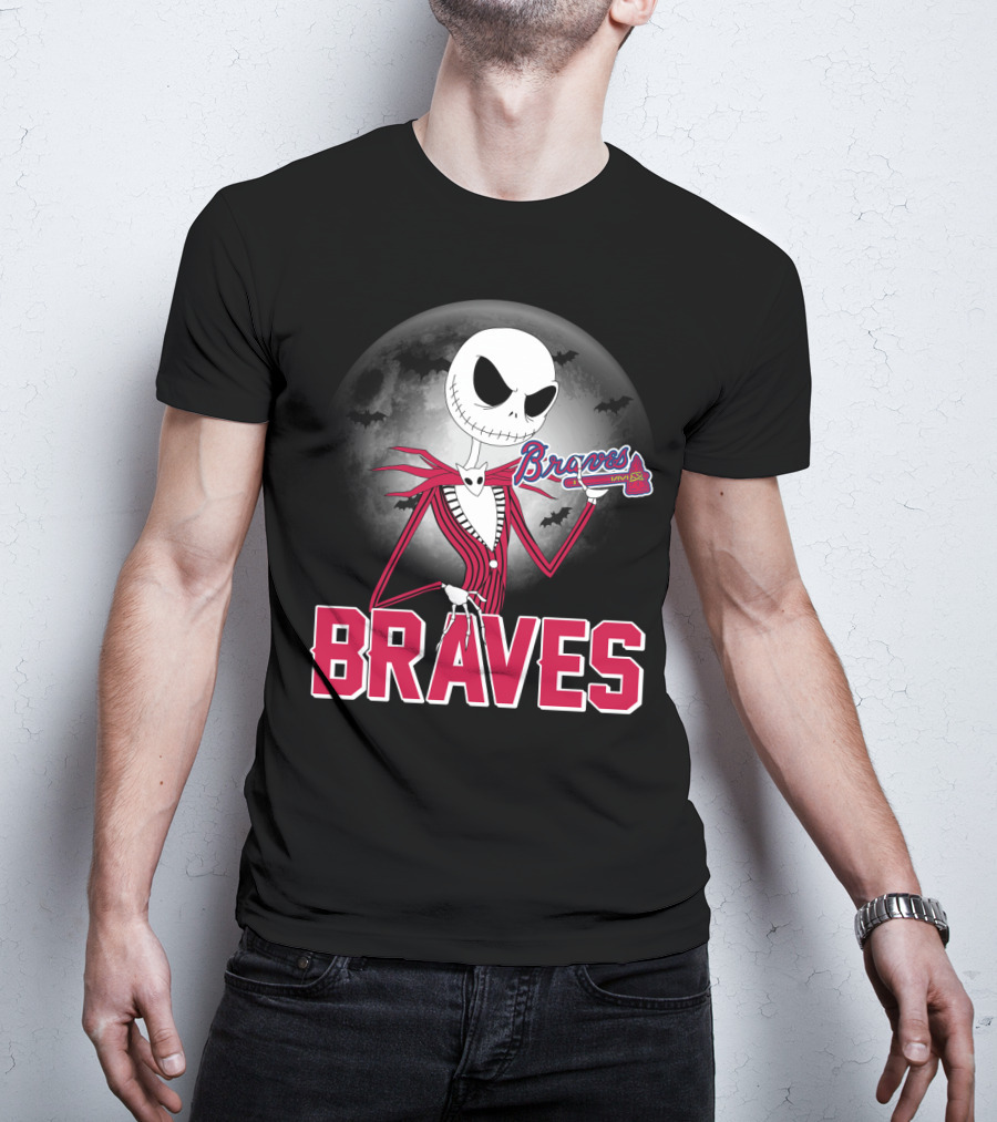 Jack Skellington Braves Halloween With Atlanta Baseball Moon And Bats T-Shirt