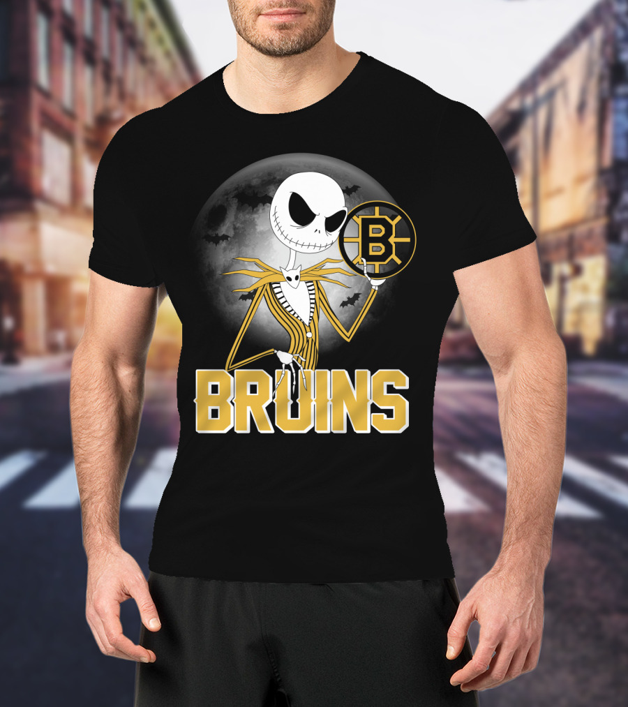 Jack Skellington Halloween Boston Bruins Moon And Bats T-Shirt