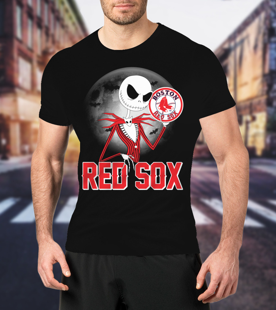 Jack Skellington Holding Boston Red Sox Logo With Halloween Moon Background T-Shirt