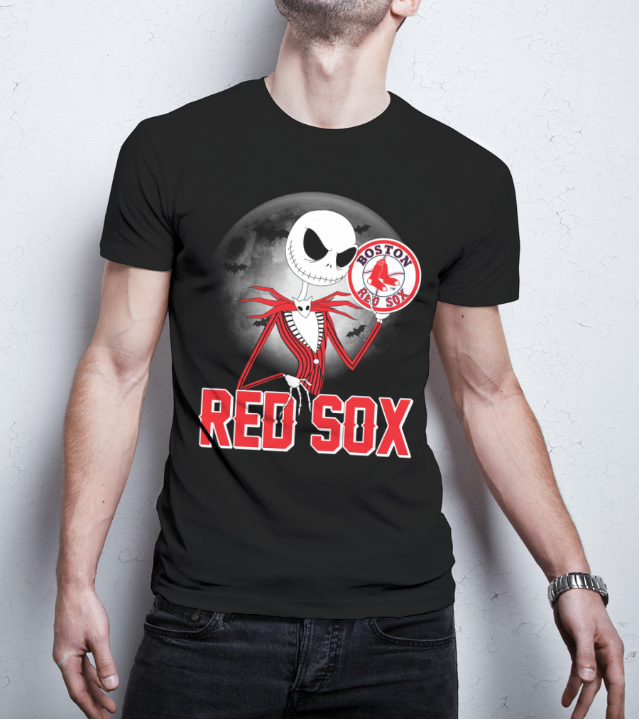 Jack Skellington Holding Boston Red Sox Logo With Halloween Moon Background T-Shirt