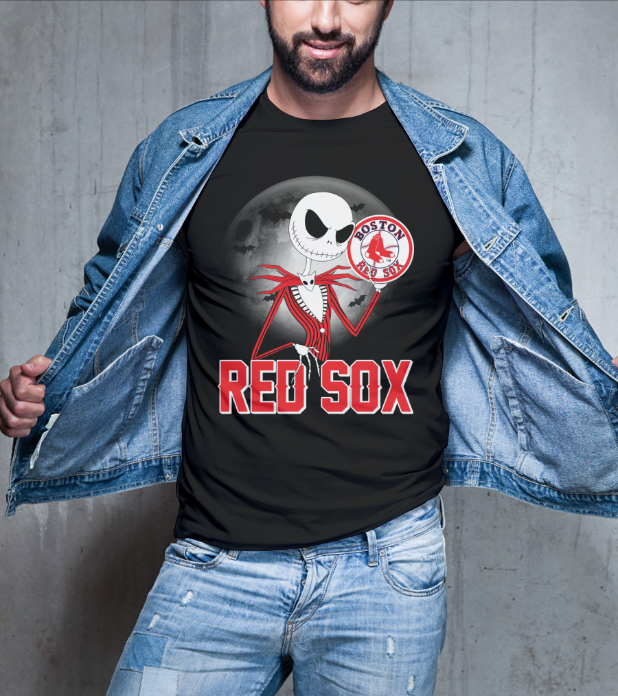 Jack Skellington Holding Boston Red Sox Logo With Halloween Moon Background T-Shirt